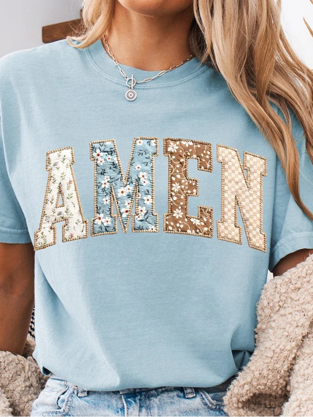 AMEN Appliqué Short Sleeve Tee in Light Blue